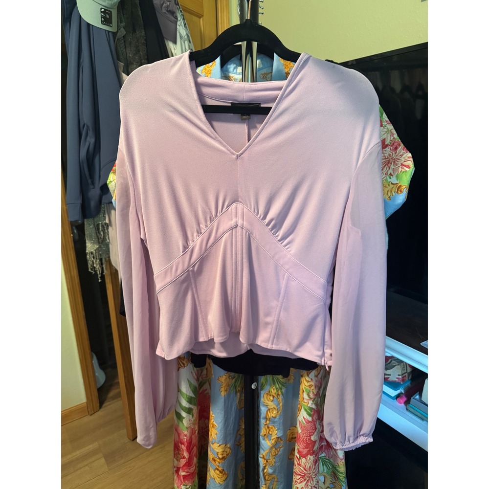 Bold Elements Lavender Corset Style V-Neck Top Sheer Long Sleeve Purple Large